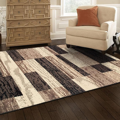 SUPERIOR Indoor Area Rug, Jute Backed, Modern Geometric Patchwork Floor Decor for Bedroom, Office, Living Room, Entryway, Hardwood Floors, Rockwood Collection, 9' x 12', Chocolate