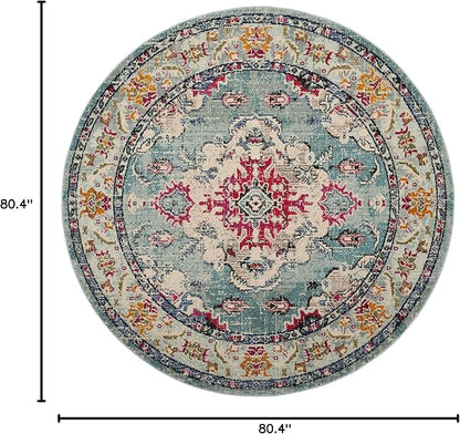 SAFAVIEH Monaco Collection Area Rug - 6'7" Round, Light Blue & Fuchsia, Boho Chic Medallion Distressed Design, Non-Shedding & Easy Care, Ideal for High Traffic Areas in Living Room, Bedroom (MNC243J)