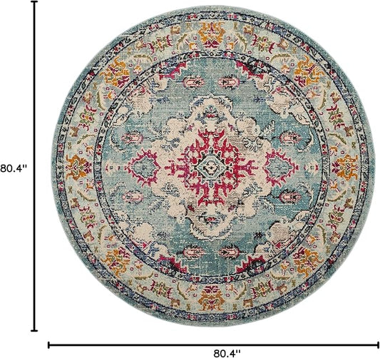 SAFAVIEH Monaco Collection Area Rug - 6'7" Round, Light Blue & Fuchsia, Boho Chic Medallion Distressed Design, Non-Shedding & Easy Care, Ideal for High Traffic Areas in Living Room, Bedroom (MNC243J)