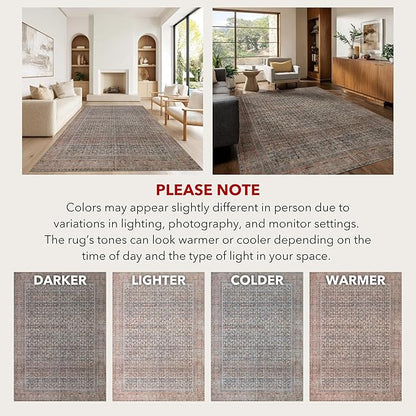 Kuden 9x12 Large Area Rug, Machine Washable Area Rug with Non-Slip Backing, Vintage Style, Soft, Easy Clean, Low Pile Rug for Living Room, Bedroom, Dining Room