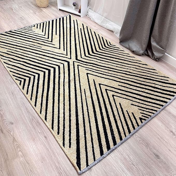 Alfa Rich 5x8 Geometric Beige Black Washable Area Rugs for Living Room Bedroom Kitchen Cotton Rug