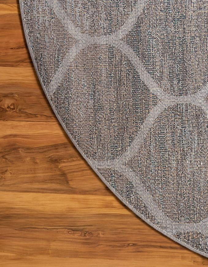 Rugs.com Lattice Frieze Collection Rug – 5' Round Blue Multi Medium Rug Perfect for Kitchens, Dining Rooms