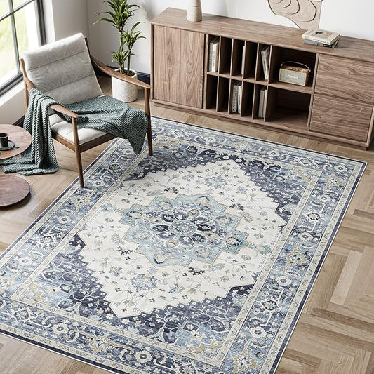 Dripex Vintage Washable Area Rug - 3x5 Entryway Rug for Indoor Door Mat Low-Pile Non-Slip Bedside Rug Bedroom Oriental Medallion Floral Print Carpet Soft Accent Rug Farmhouse Office Home Decor