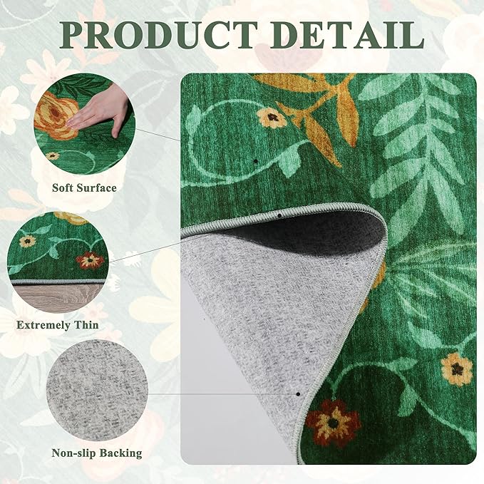 DUKINO 2x3 Rugs for Entryway, Floral Indoor Washable Door Mat, Non Slip Boho Small Rug for Kitchen, Soft Low Pile Front Door Throw Rug for Entrance, Bedroom, Kitchen, Laundry, Bathroom, Dark Green