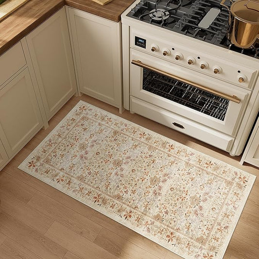DUKINO 2x4 Rug for Entryway, Lightweight Washable Runner Rug with Non Slip Backing, Vintage Floral Low Pile Small Carpet Runner for Kitchen, Hallway, Entryway, Bathroom, Bedroom, Beige