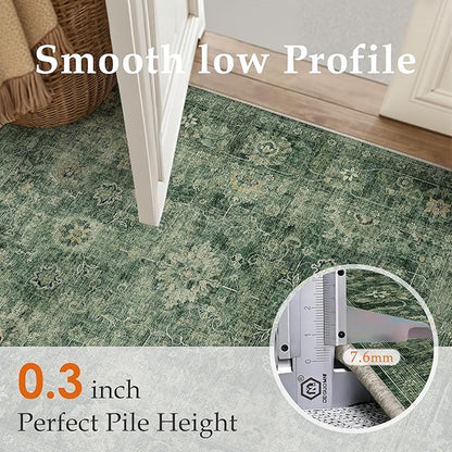6x9 Washable Area Rug for Living Room Bedroom Green Vintage Distressed Rustic Carpet Non-Slip Low Pile Lightweight Vacuumable Soft Throw Rug for Indoor Dining Room Office