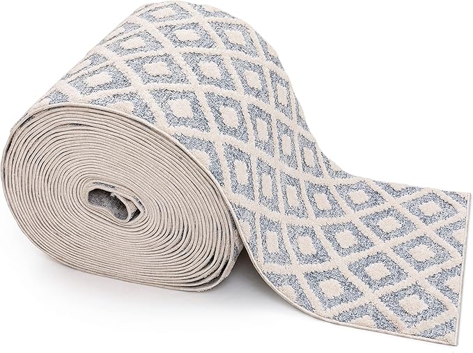 Well Woven Custom Size Runner - Choose Your Length - Ainsley Blue Diamond Trellis Geometric Tribal - 31 Inches Wide x 24 Feet Long Runner (31" x 24' Runner) Rug