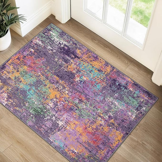 Washable Area Rugs 2'x3' Non-Slip Modern Abstract Soft for Living Room Entryway Bedroom Nursery, Print Pattern, Purple Orange Blue Green Rust Red Colorful