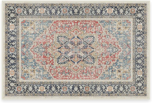 RUGGABLE Washable Vintage Area Rug – Kamran Cayenne Red 2x3, Stain-Resistant, Non-Slip – Small Machine Washable Rugs for Living Room, Bedroom, Hallway, Entryway & Bathroom–with Standard Pad