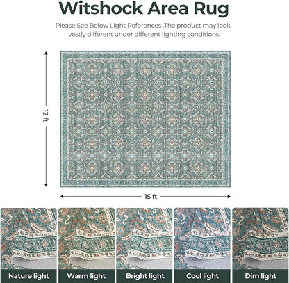 WITSHOCK Living Room Area Rugs 12x15: Soft Non-Slip Backing Washable Rugs Vintage Large Carpet for Bedroom Office Dining Room Kitchen Stain Resistant Home Decor Rug