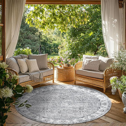 jinchan Fiora Round Rug 6ft Area Rug - Grey Vintage Floor Mat Indoor Ultra-Thin Soft Floral Print - Washable Circle 6' Retro Accent for Farmhouse Non Slip Dining Room Living Room Bedroom Office