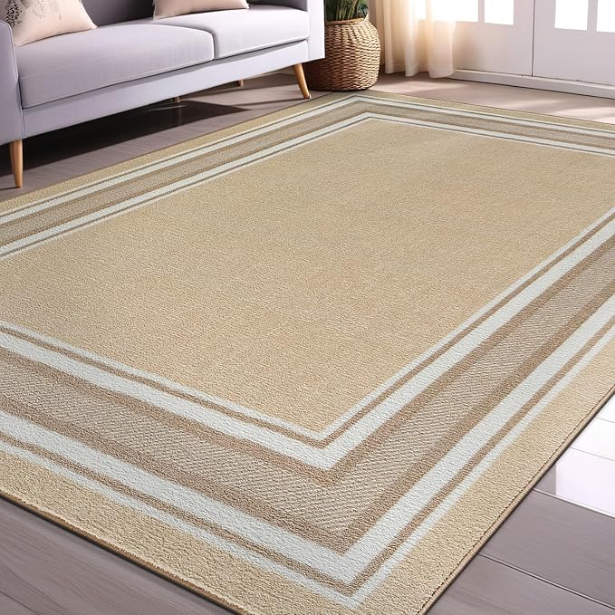 Beverly Rug Non Slip Area Rugs 5x7 Modern Bordered Non Skid Rubber Backing Soft Area Rug for Living Dining Room Easy to Clean Non Shedding Kitchen Bedroom Indoor Carpet 5 x 7 Beige
