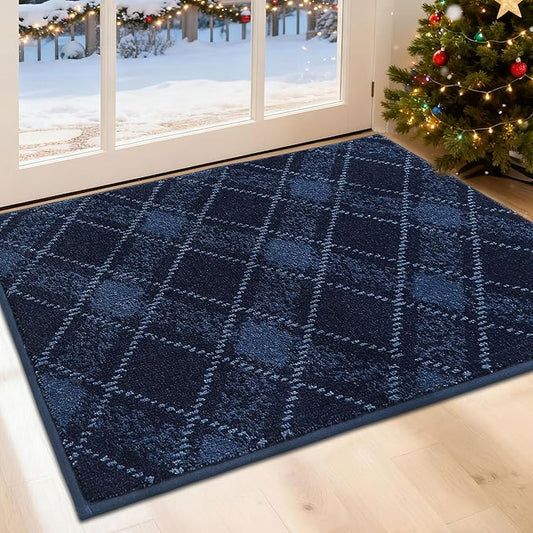 COSY HOMEER Plaid Door Mat 24" x 36",Dirt Trapper Entryway Rugs,Non-Slip Washable Farmhouse Doormat,Low Profile Welcome Mats for Paws Navy Blue