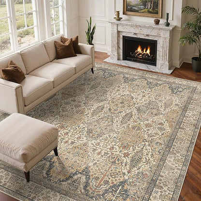 GENIMO 6x9 Area Rugs for Living Room, Machine Washable Low Pile Rugs, Chenille Non Alip Vintage Rug for Bedroom, Dining Room, Home Office, Beige Khaki