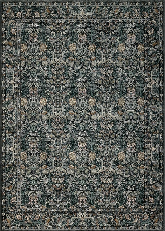 Washable Living Room Rug: 5x7 Boho Floral Soft Area Rug for Bedroom Decor - Vintage Low Pile Thin Carpet for Dining Room Non-Slip - Farmhouse Stain Resistant Rugs - Dark Green