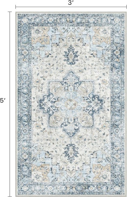 3x5 Area Rugs for Living Room, Machine Washable Rug, Non Slip Vintage Rugs, Low Pile Lightweight Print Rug for Bedroom, Dining Room, Home Office, Blue