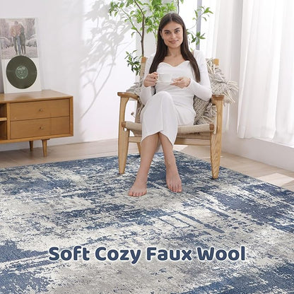 10x14 Area Rugs Living Room: Washable Large Abstract Modern Soft Rug Stain Resistant Indoor Floor Non Slip Accent Carpet for Bedroom Nursery Playroom Office Dining Room Dorm Home House- Navy Grey