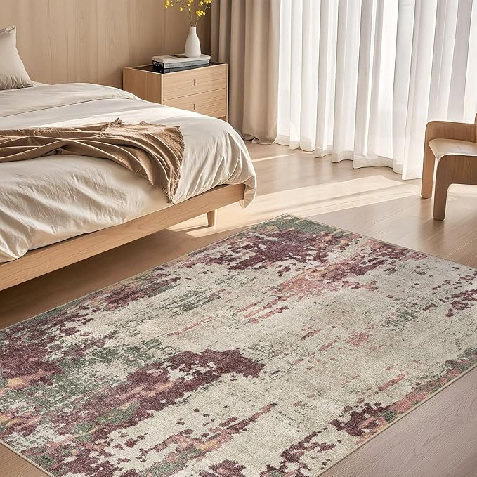 4x6 Area Rug Living Room Rugs - Washable Neutral Modern Abstract Soft Thin Rug Indoor Floor No Slip Rug Carpet for Bedroom Under Dining Table Home Office Decor - Purple/Green/Beige