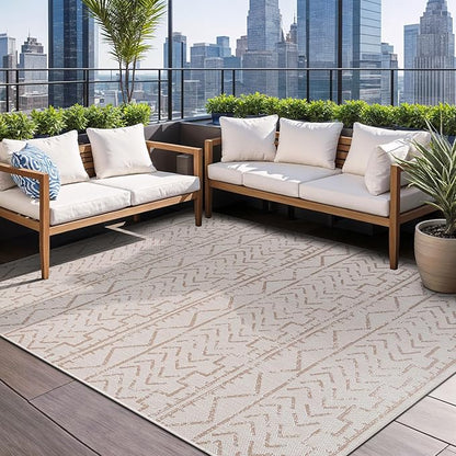 Beverly Rug Waikiki Indoor Outdoor Rug 5x7, Washable Outside Carpet for Patio, Deck, Porch, Trellis Area Rug, Water Resistant, Beige - White