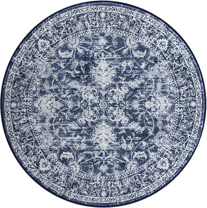 KILOCOCO Round Rug 3ft Vintage Floral Small Circle Rug Machine Washable Entryway Mat Non Slip Low-Pile Kitchen Rugs for Front Door Laundry Room Bathroom Moroccan Area Rugs, Blue