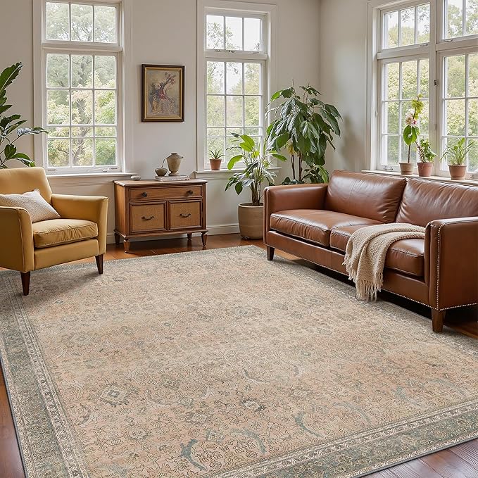 9x12 Area Rug Machine Washable Boho Rug for Living Room,Ultra-Thin Low Pile Carpet,Lightweight Indoor Printed Rug,Non Slip Floral Area Rug for Bedroom, Dining Room, Home Office,Light Beige