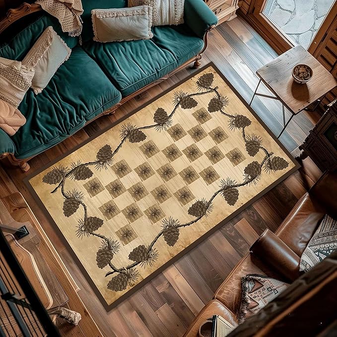 Vintage Plaid Area Rug 4x5ft Rustic Cabin Pine Cone Branches Lattice Pattern Rug Country Lodge Nature Plants Rugs, Soft Floor Rug Non-Skid Carpets for Living Room Farmhouse Indoor Floor Mat