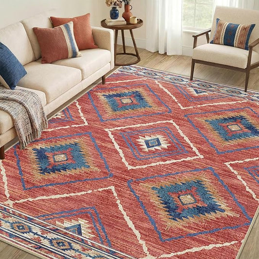 Area Rug 6x8 Rug Machine Washable Non-Slip Low Pile Print Pattern Western Rug for Living Room Bedroom Entryway Tribal Series-Red/Orange