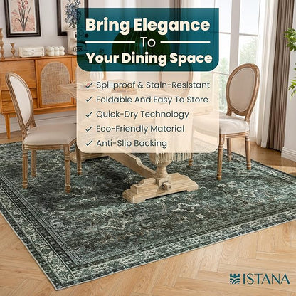 Istana 8x10 Area Rug - Dark Green 8x10 Rugs for Living Room - Foldable Rugs for Bedroom - Stain Resistant Washable Rug - Eco-Friendly Area Rugs - Easy to Clean Living Room Rug
