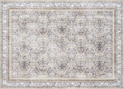 Phantoscope Washable Area Rug 4'x6' Non-Slip, Vintage Neutral Rugs for Living Room, Bedroom, Dining Room, Distressed Boho Floral Medallion Pattern, Low-Pile Foldable Floor Carpet, Light Brown