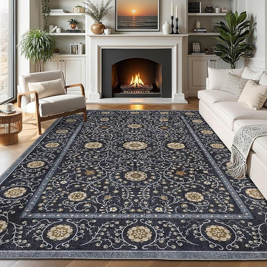 GarveeHome Boho 8x10 Area Rugs for Living Room, Floral Vintage Rugs for Bedroom with Soft Low Pile, Non Slip Stain Resistant Washable Rug 8x10 for Dining Room Blue Large Carpet for Office Playroom