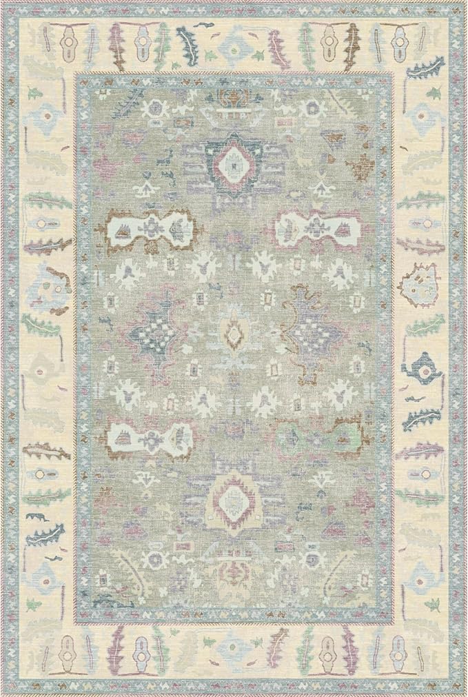 Kuden 9x12 Large Area Rug, Machine Washable Area Rug with Non-Slip Backing, Vintage Style, Soft, Easy Clean, Low Pile Rug for Living Room, Bedroom, Dining Room
