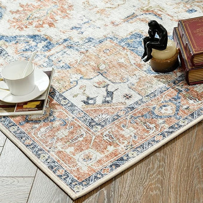 jinchan Kelda Living Room Area Rug 10x12 Washable Rug Vintage Indoor Large Floor Cover Distressed Lightweight Non-Slip Low Pile Thin Mat Stain Resistant Carpet for Bedroom Dining Room Office Orange