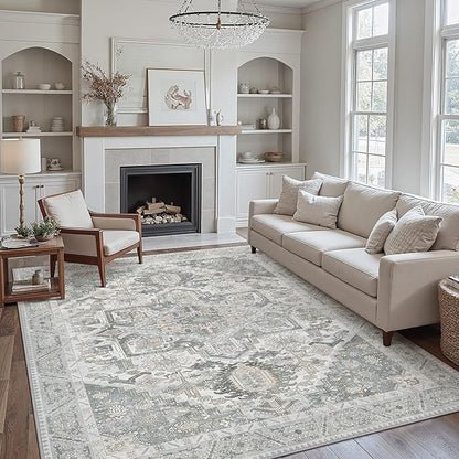 8x10 Area Rug Machine Washable Boho Rug for Living Room,Ultra-Thin Low Pile Carpet,Lightweight Indoor Printed Rug,Non Slip Floral Area Rug for Bedroom, Dining Room, Home Office,Grey Cyan