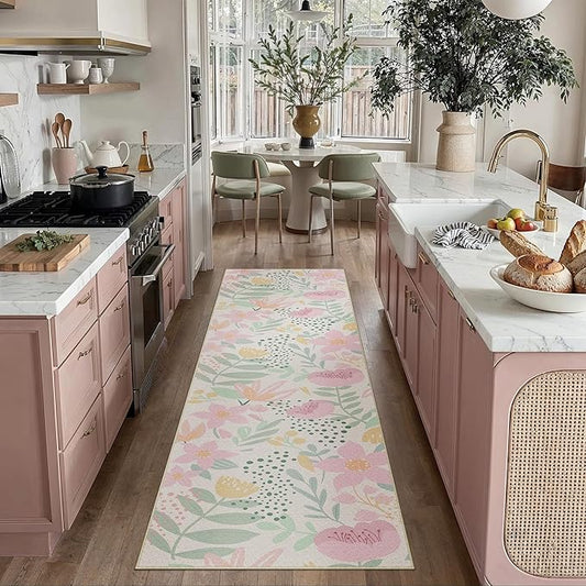 Floral Runner Rug 2x8 Washable Hallway Pink Bedroom Non Slip Cute Long Kitchen Carpet Botanical Indoor Soft Accent Rug for Bathroom Dining Laundry Living Room