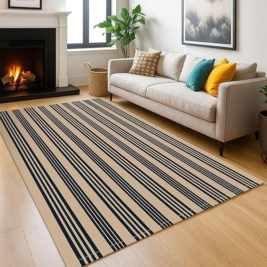 KOZYFLY Striped Outdoor Rug 5x7 Ft Area Rug Brown and Black Washable Indoor Outdoor Rug Cotton Outdoor Patio Rugs Farmhouse Rugs for Living Room Carpet for Patio Dining Room Bedroom