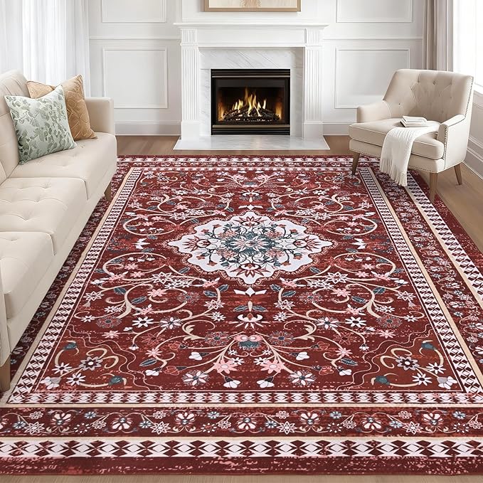 Luxury 5' x 7' Red Washable Area Rugs, Boho Low Pile Easy Clean Non-Slip Rug, Floral Medallion Pattern Vintage Rugs for Living Room, Dinning Room, Office, Bedroom, Bathroom, Laundry Room, Farmhouse