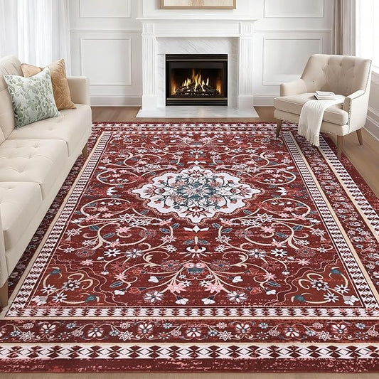 Luxury 5' x 7' Red Washable Area Rugs, Boho Low Pile Easy Clean Non-Slip Rug, Floral Medallion Pattern Vintage Rugs for Living Room, Dinning Room, Office, Bedroom, Bathroom, Laundry Room, Farmhouse