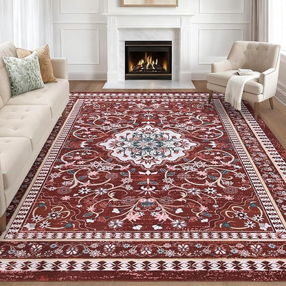 Luxury 8' x 10' Red Washable Area Rugs, Boho Low Pile Easy Clean Non-Slip Rug, Floral Medallion Pattern Vintage Rugs for Living Room, Dinning Room, Office, Bedroom, Bathroom, Laundry Room, Farmhouse