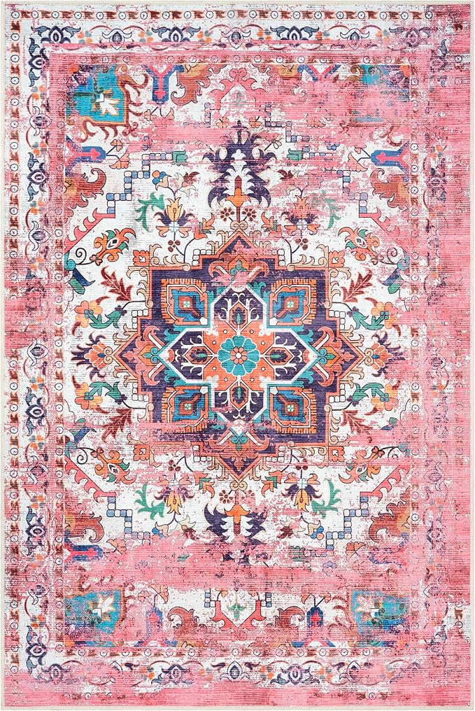 GLN Rugs Traditional Collection - Machine Washable Area Rug, Traditional Washable, Non Slip, Low Pile Chenille Rug, Living Room, Bedroom, Kitchen Rug (5' x 7' Pink/Multicolor)