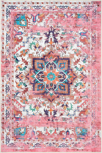 GLN Rugs Traditional Collection - Machine Washable Area Rug, Traditional Washable, Non Slip, Low Pile Chenille Rug, Living Room, Bedroom, Kitchen Rug (3' x 5' Pink/Multicolor)