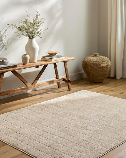 Livabliss x Our PNW Home Cascade Minimalist Grid Area Rug, 5'3" x 7', Light Beige