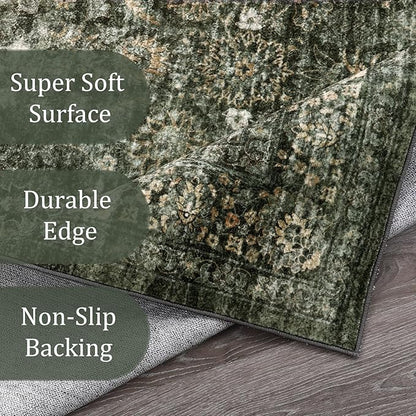 Morebes Vintage Dark Green Living Room Rug, 9x12 Area Rug Large Washable Rugs for Bedroom, Soft Dining Room Carpet Non-Slip Non-Shedding Throw Rug for Farmhouse Indoor Kids Playroom