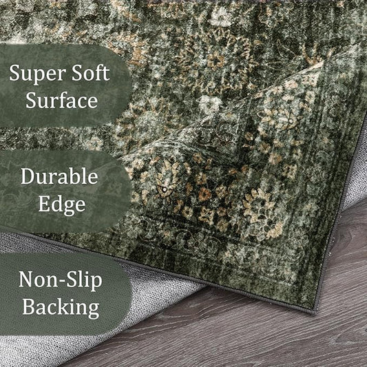 Morebes Vintage Large Rugs for Living Room, Washable 8x10 Area Rugs Non Slip,Soft Dark Green Rug for Bedroom,Distressed Non-Shedding Throw Rug for Entryway Kitchen Foyer Playroom