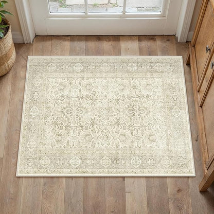 Beige Entryway Rug 2x3 Vintage Area Carpet Indoor Kitchen Washable Door Mat Living Room Entrance Small Low Pile Traditional Distressed Retro Accent Throw Rug Non Slip Office Bathroom