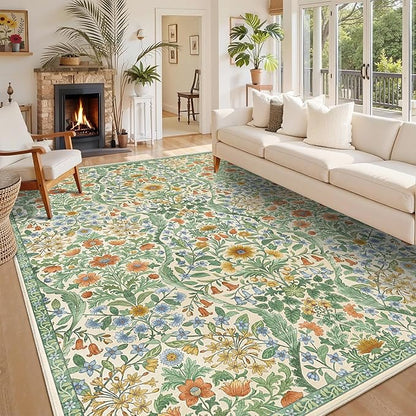 8x10 Washable Area Rug for Living Room, Large Vintage Grass Green Floral Rugs, Soft Non-Slip Stain Resistant Boho Lightweight Carpet for Bedroom Dining Room Nursery Home Office