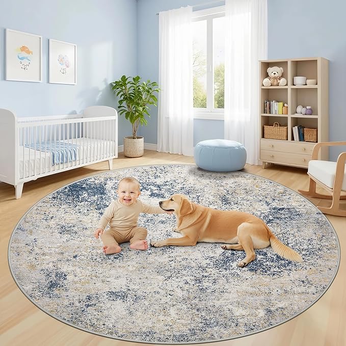 6ft Washable Round Rug - 6x6 Area Rugs Modern Abstract Rugs for Living Room Non-Slip Low Pile Soft Machine Washable Carpet for Bedroom, Living Room, Dining Room, Nursery, Farmhouse (6'x6' Beige Blue)