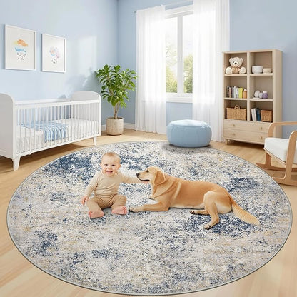 6ft Washable Round Rug - 6x6 Area Rugs Modern Abstract Rugs for Living Room Non-Slip Low Pile Soft Machine Washable Carpet for Bedroom, Living Room, Dining Room, Nursery, Farmhouse (6'x6' Beige Blue)