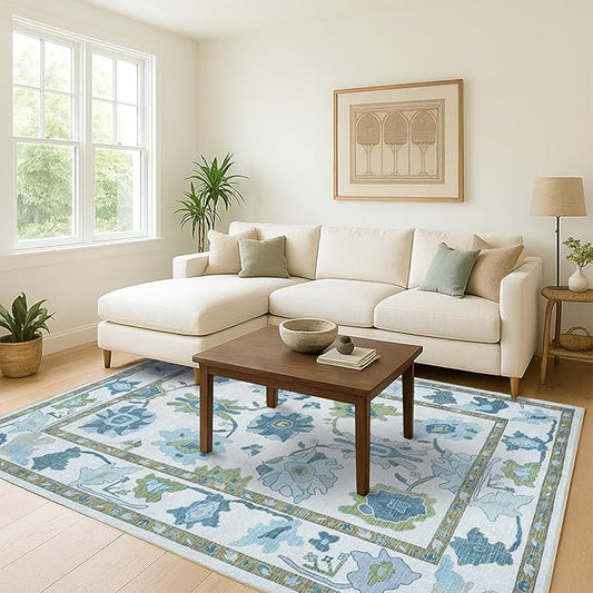 Fame Living Green Oushak Rug, Modern, Vintage, Turkish, Eclectic, Floral, Pastel, Washable, Oversized, Extra Large Area Rugs for Living Room, Dining, Bedroom, Lounge 9'5"x14'