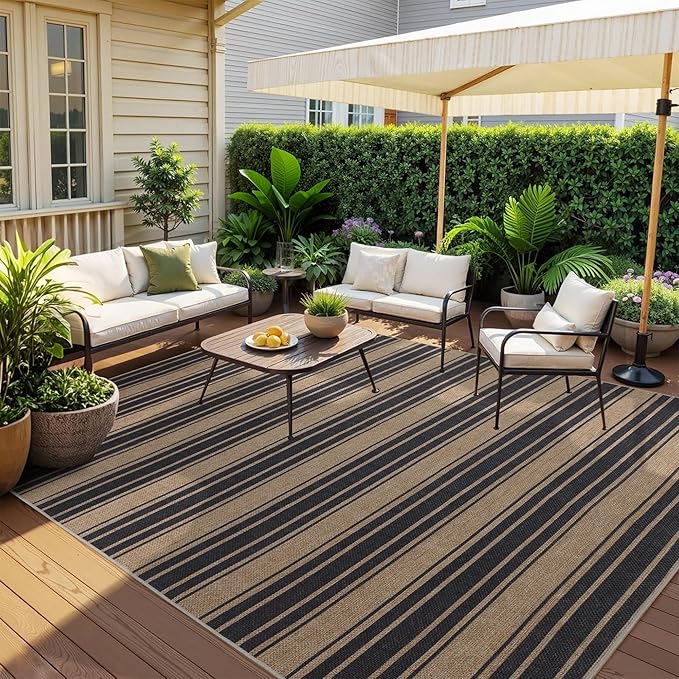 Striped Easy Jute Rug 6x9 Outdoor Rug Large Washable Rugs for Living Room Bedroom Non Slip Neutral Farmhouse Indoor Outdoor Carpet for Backyard Patio Office