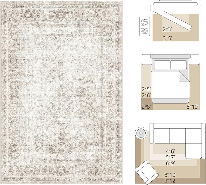 FMFUNCTEX 3x10 Runner Rug Beige Washable Vintage Neutral Distressed Non Slip Low Pile Indoor Carpet Soft Retro Floral Hallway Entryway Rug for Kitchen Living Room Bedroom Bathroom Laundry Bedside